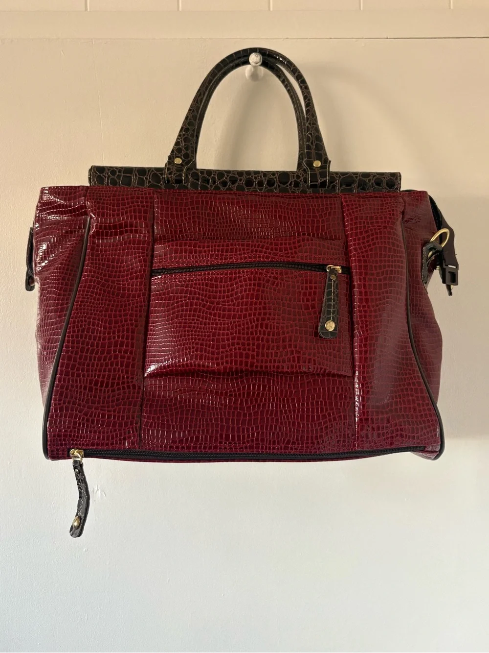 Samantha Brown Croc-Embossed Tote Bag in Burgundy and Dark Brown